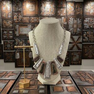 Premier Designs Silver, Bronze & Gold Abstract Necklace & Earring Set